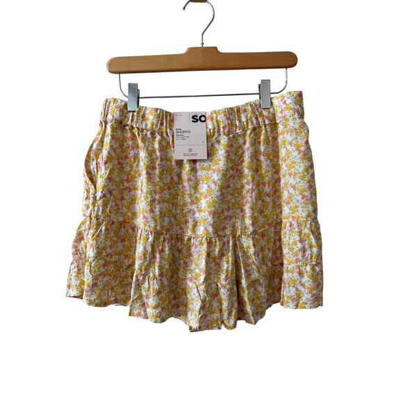 So High Rise Pull on Ruffle Shorts Ditsy Floral Print Yellow L - Picture 4 of 7